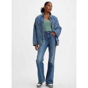 Levis Premium Womens Denim Jeans 70s High Rise Flare Med Blue Wide Leg New